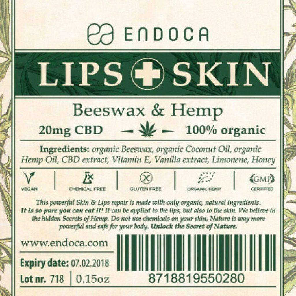 Endoca organic natural CBD lip & skin balm stick 20 mg ingredients label 